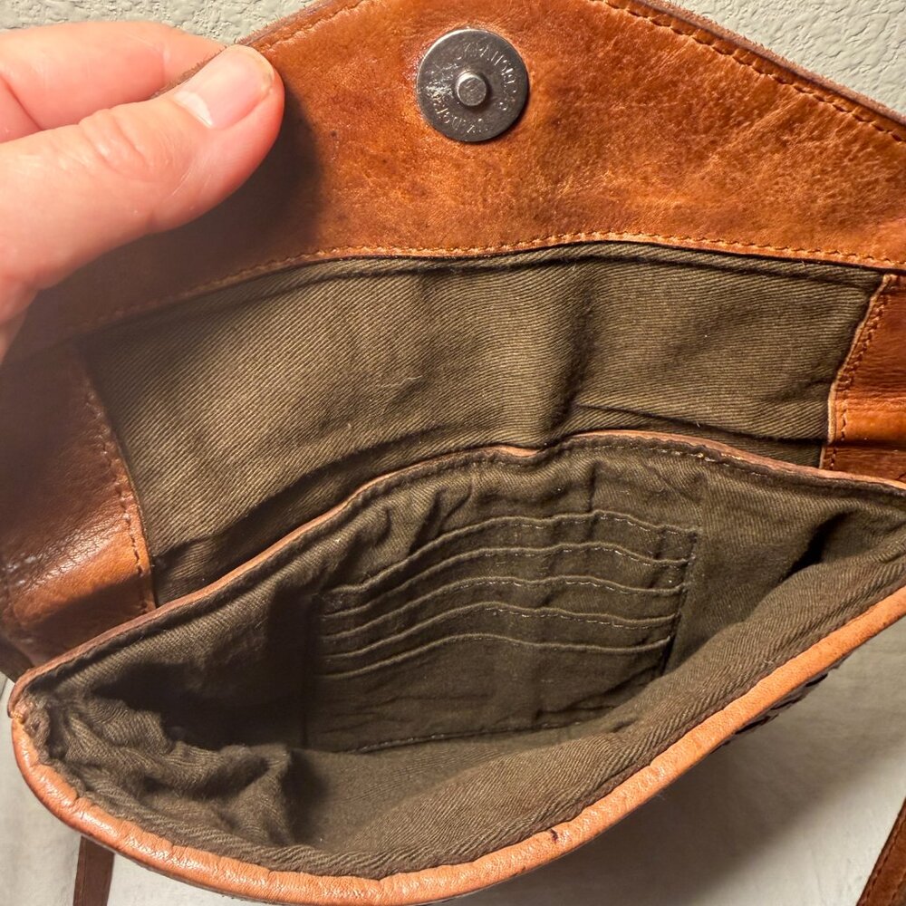 Vilenca Holland Hand Woven Flap Soft Leather Crossbody Bag Cognac Brown Boho - Picture 4 of 12